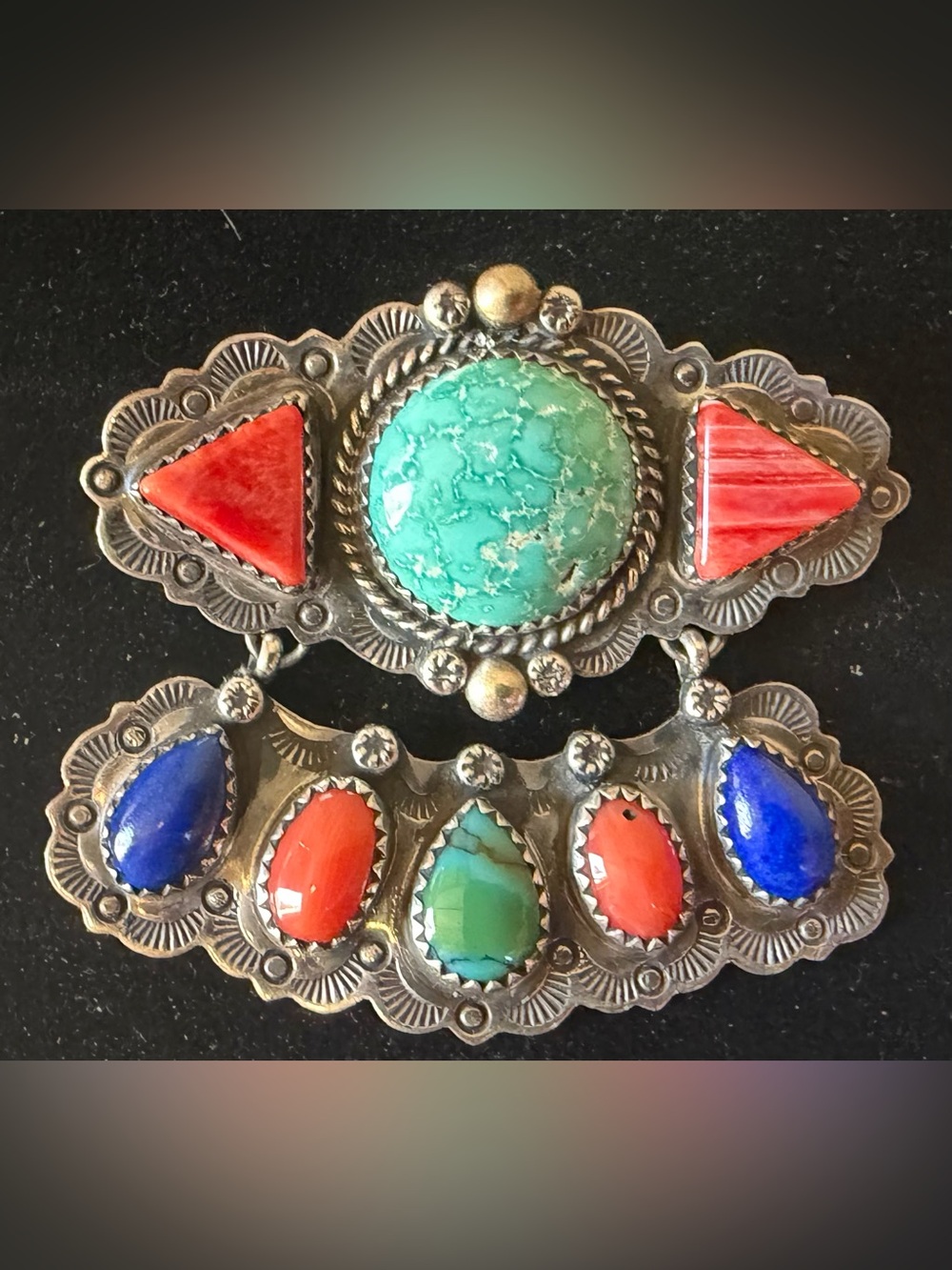 Signed Jeffrey Nelson Navajo Multi Stone Turquoise Lapis Silver Dangle Brooch
